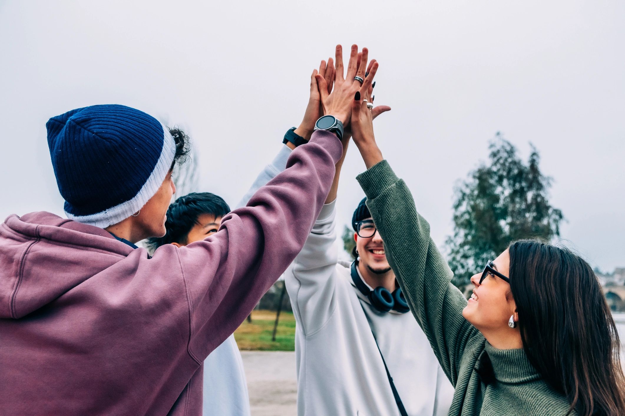 Students showing teamwork outdoors